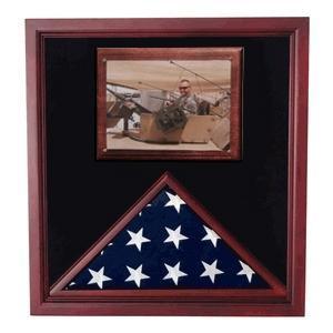 Handcrafted Army Air Corps flag shadow case with photo display, featuring cherry wood finish and Plexiglass front.